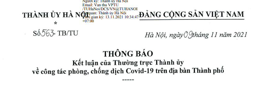 Thông báo số 563-TB/TU của Thành ủy Hà Nội về công tác phòng, chống dịch Covid-19 trên địa bàn Thành phố