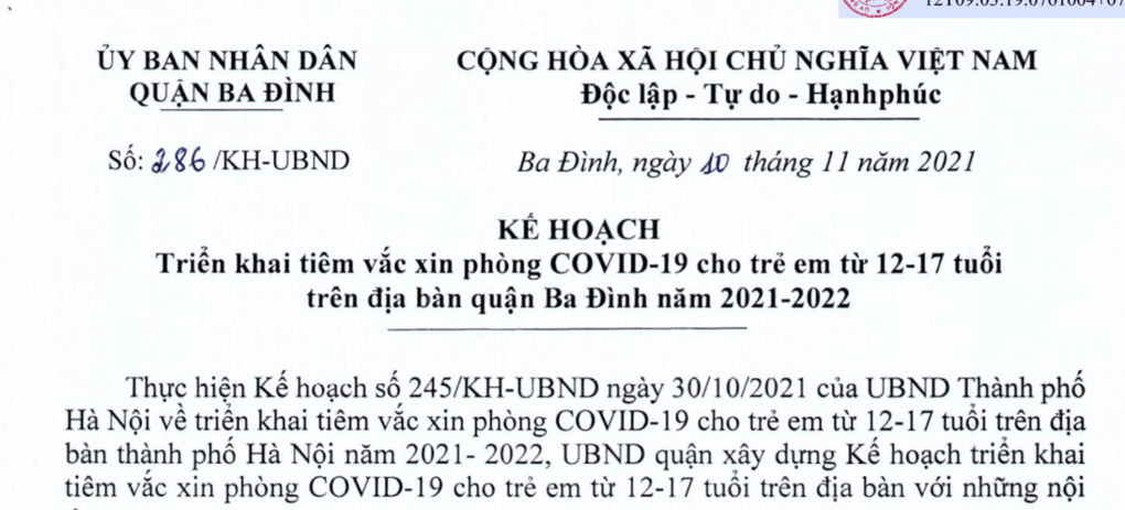 Kế hoạch số 286/KH-UBND của UBND Quận Ba Đình về việc Triển khai tiêm vắc xin phòng Covid-19 cho trẻ em từ 12-17 tuổi