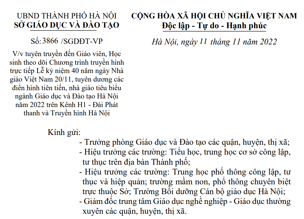 Công văn số 3866/SGDĐT-VP về chương trình truyền hình trực tiếp Lễ kỷ niệm 40 năm ngày Nhà giáo Việt Nam 20/11