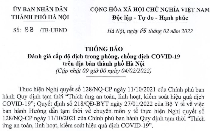 Thông báo số  88/TB-UBND của UBND Thành phố Hà Nội ngày 5/2/2022 về Đánh giá cấp độ dịch trong phòng, chống dịch Covid-19 trên địa bàn Thành phố Hà Nội