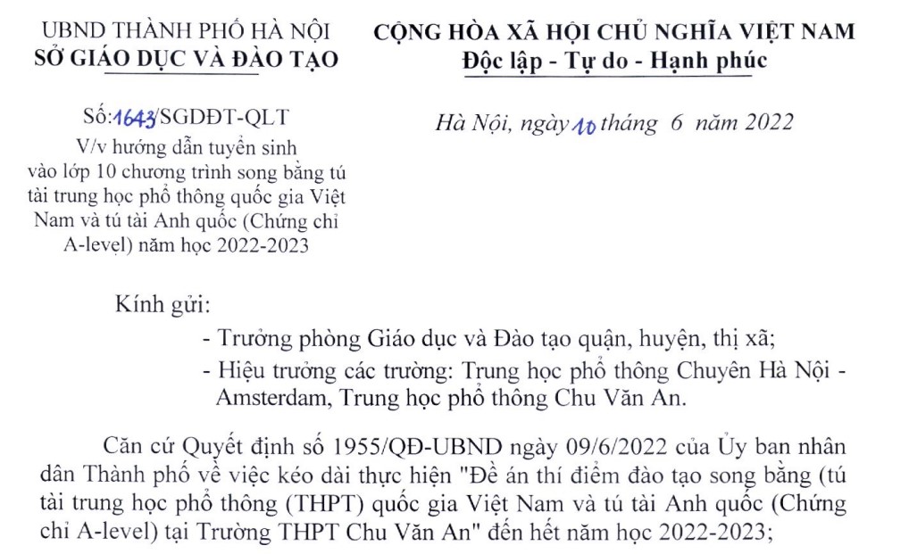 Công văn số 1643/SGDĐT-QLT ngày 10/6/2022 về việc hướng dẫn tuyển sinh vào lớp 10 chương trình song bằng tú tài trung học phổ thông quốc gia Việt Nam và tú tài Anh quốc (Chứng chỉ A-level) năm học 2022-2023