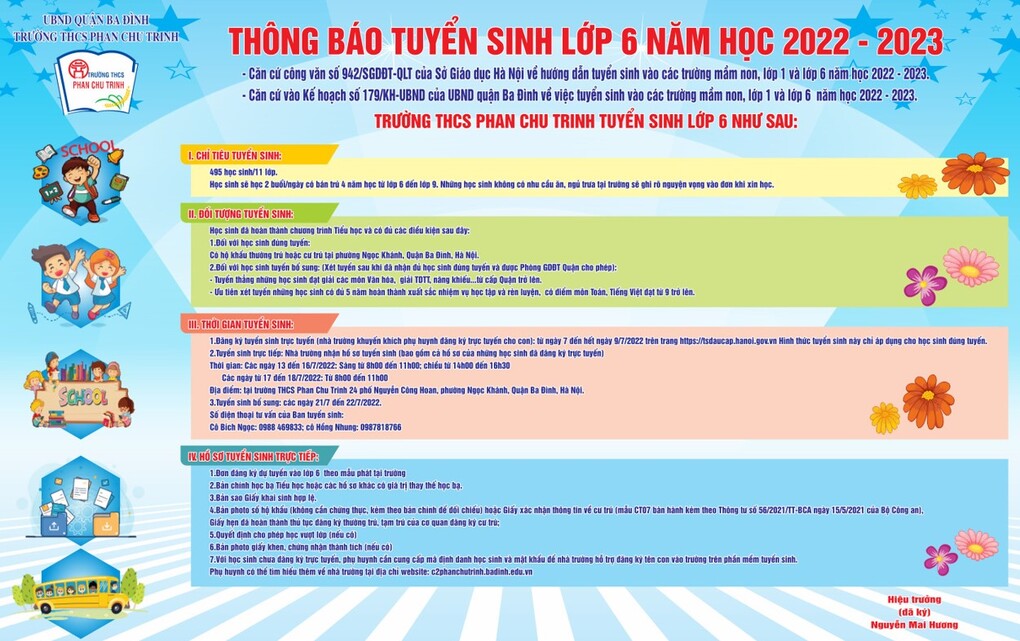 Thông báo tuyển sinh vào lớp 6 năm học 2022-2023 của Trường THCS Phan Chu Trinh