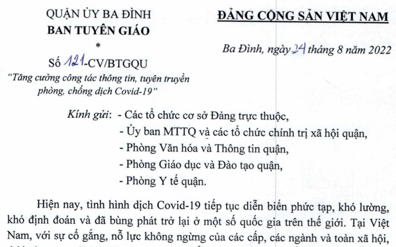 Công văn số 121-CV/BTGQU của Ban Tuyên giáo (Quận ủy Ba Đình) về việc "Tăng cường công tác thông tin, tuyên truyền phòng, chống dịch Covid-19"
