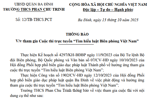 Thông báo về việc tham gia cuộc thi trực tuyến "Tìm hiểu luật Biên phòng Việt Nam"