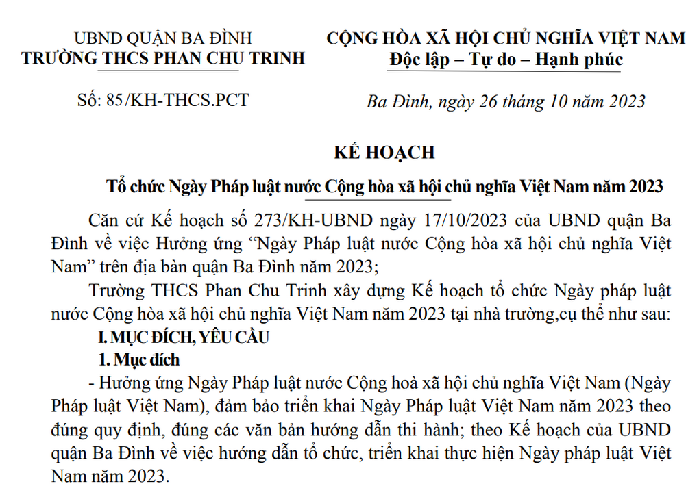 Kế hoạch số 85/KH-THCS.PCT về việc tổ chức Ngày Pháp luật nước Cộng hòa xã hội chủ nghĩa Việt Nam