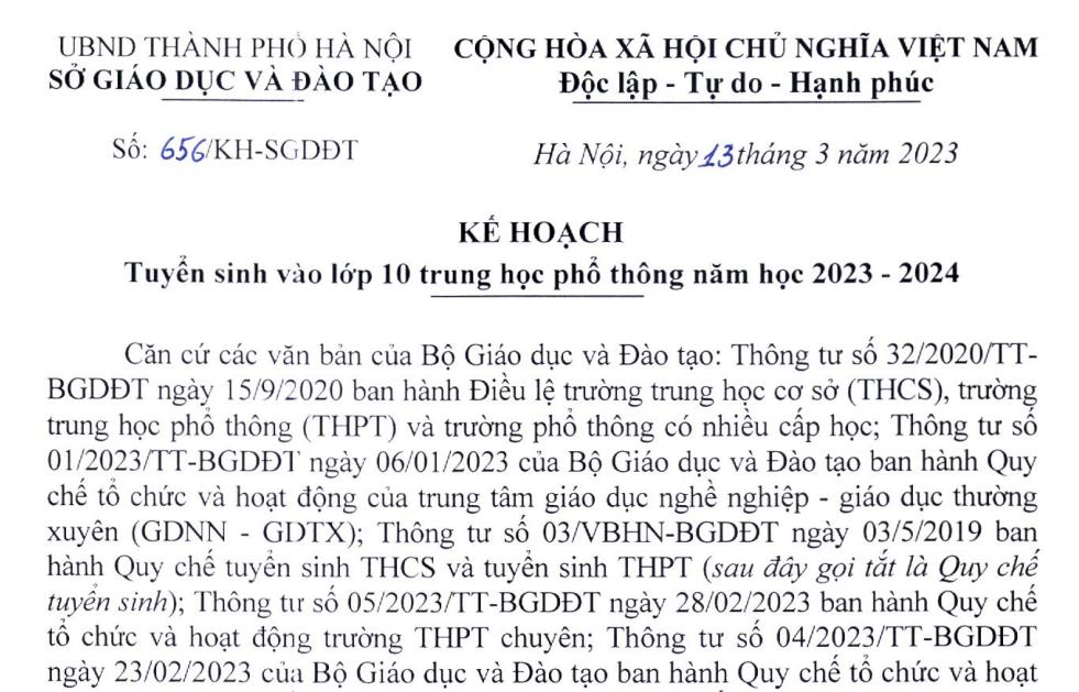 Kế hoạch số 656/KH-SGDĐT của SGDĐT Hà Nội về việc Tuyển sinh vào lớp 10 trung học phổ thông năm học 2023 - 2024.