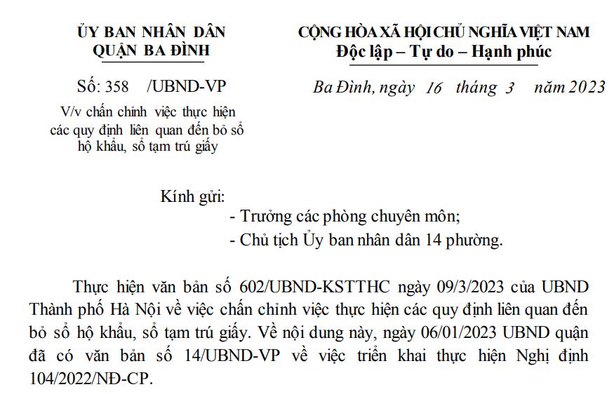Công văn số 358/UBND-VP ngày 16/3/2023 của UBND Quận Ba Đình về việc chấn chỉnh việc thực hiện các quy định liên quan đến bỏ sổ hộ khẩu, sổ tạm trú giấy