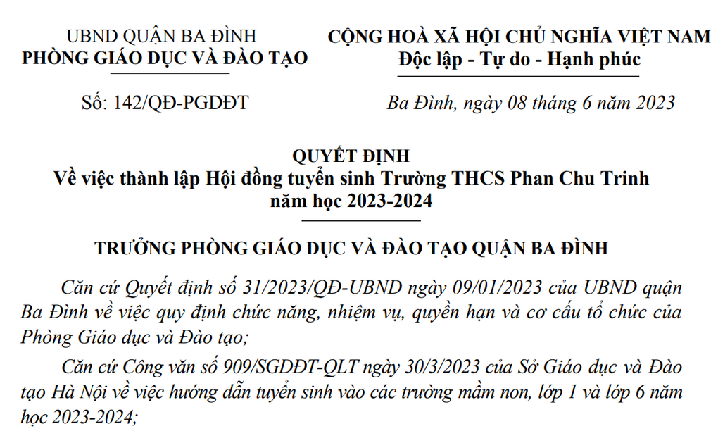 Quyết định số 142/QĐ-PGDBĐ của Phòng Giáo dục và Đào tạo Quận Ba Đình Về việc thành lập Hội đồng tuyển sinh Trường THCS Phan Chu Trinh