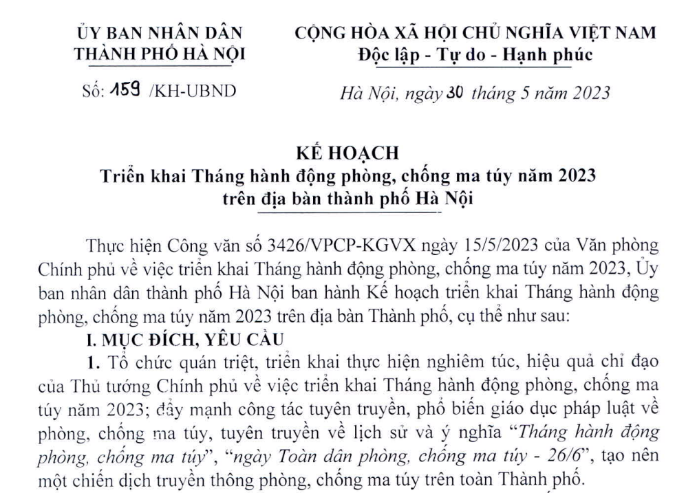 Kế hoạch số 159/KH-UBND của UBND Thành phố Hà Nội về việc Triển khai tháng hành động phòng, chống  ma túy năm 2023 trên địa bàn Thành phố Hà Nội