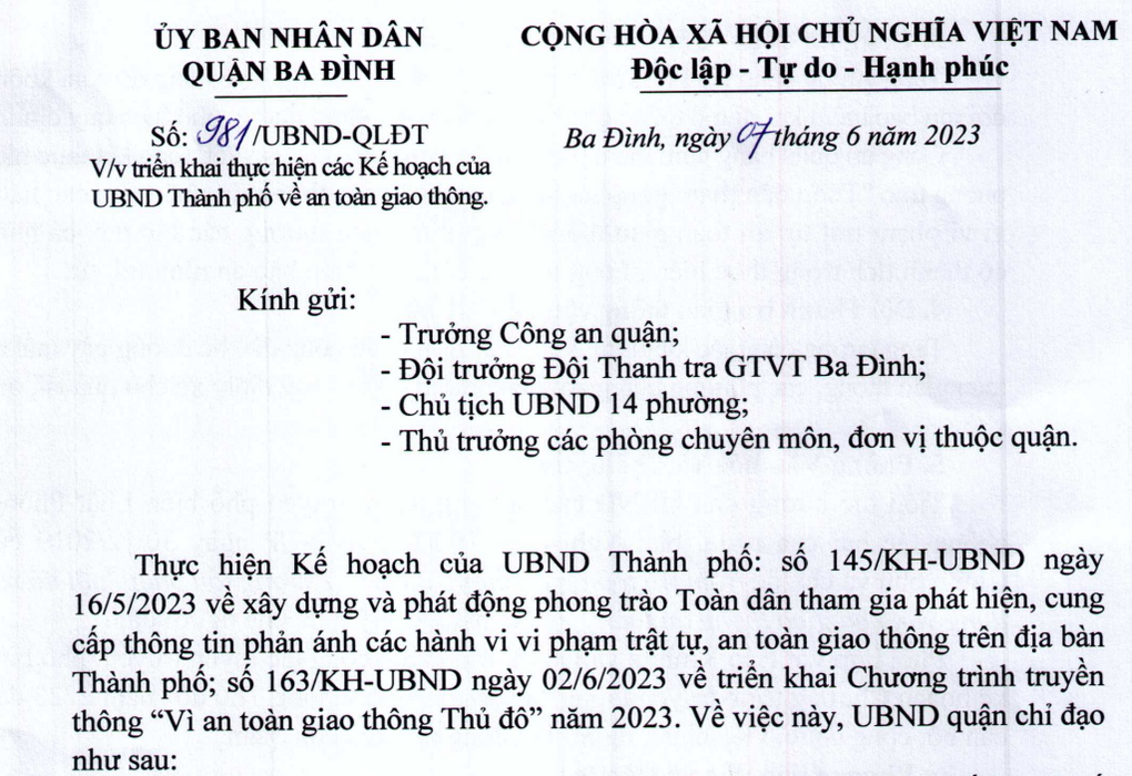 Công văn số 981/UBND-QLĐT của UBND Quận Ba Đình về việc triển khai thực hiện các Kế hoạch của UBND Thành phố về an toàn giao thông