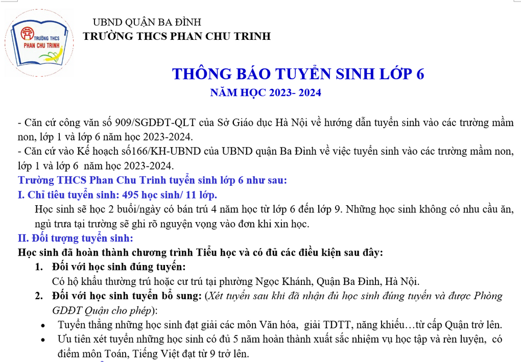 Trường THCS Phan Chu Trinh thông báo tuyển sinh lớp 6 năm hoc 2023-2024