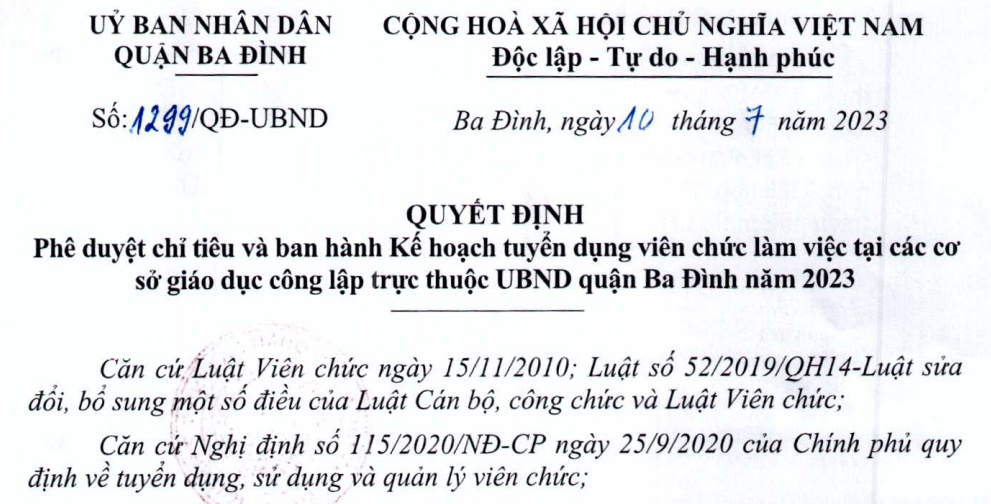 Quyết định số 1299/QĐ-UBND của UBND Quận Ba Đình về việc Phê duyệt chỉ tiêu và Ban hành kế hoạch tuyển dụng viên chức