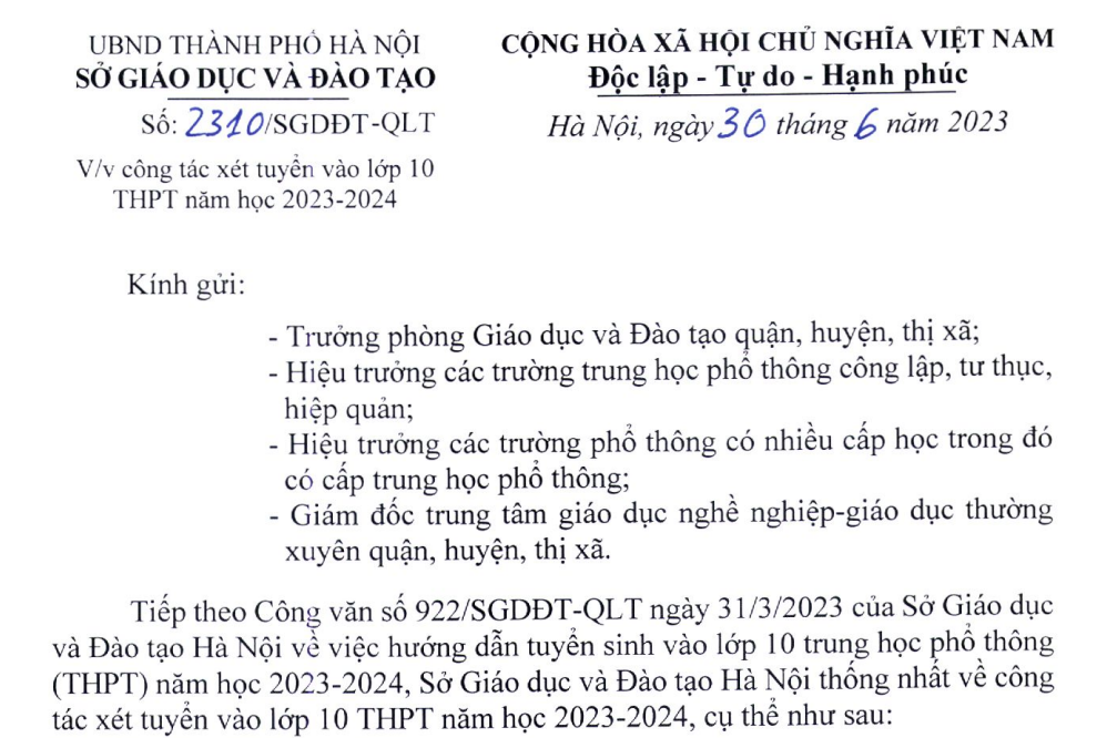 Quyết định số 1171/QĐ-SGDĐT  của Sở Giáo dục và Đào tạo Hà Nội về Điểm trúng tuyển vào lớp 10 c THPT công lập năm học 2023-2024