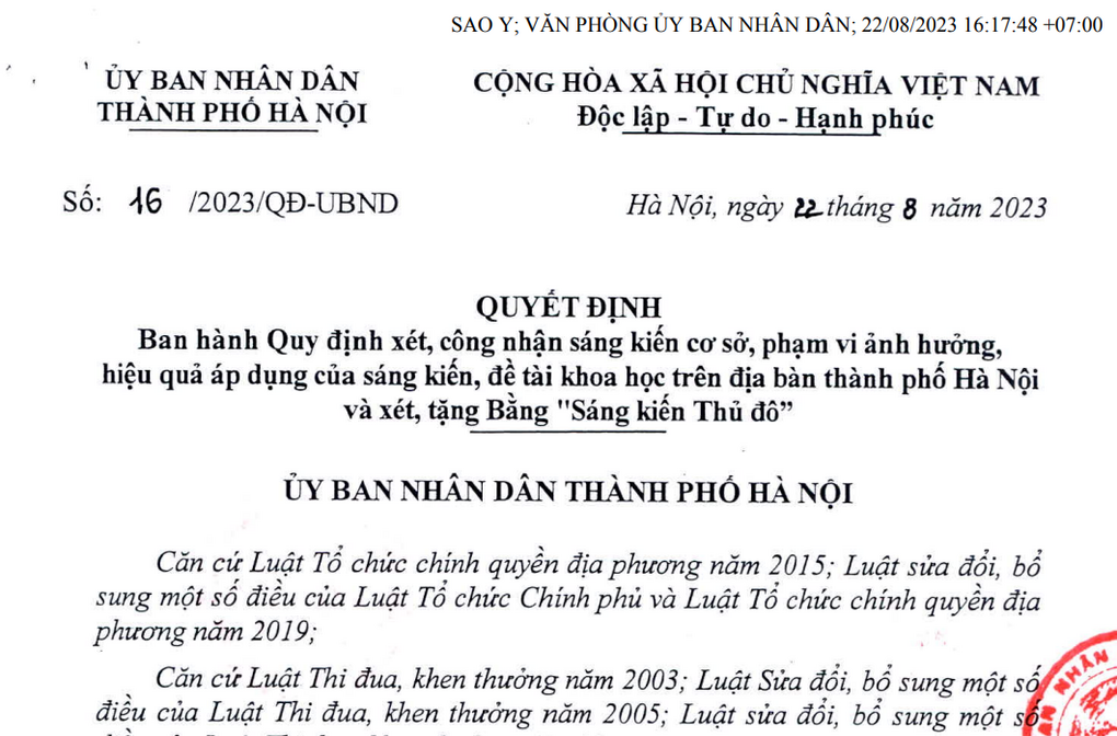 Quyết định số 16/2023/QĐ-UBND  của UBND Thành phố Hà Nội về việc Ban hành quy định xét, công nhận sáng kiến cơ sở và xét, tặng Bằng "Sáng kiến Thủ đô"