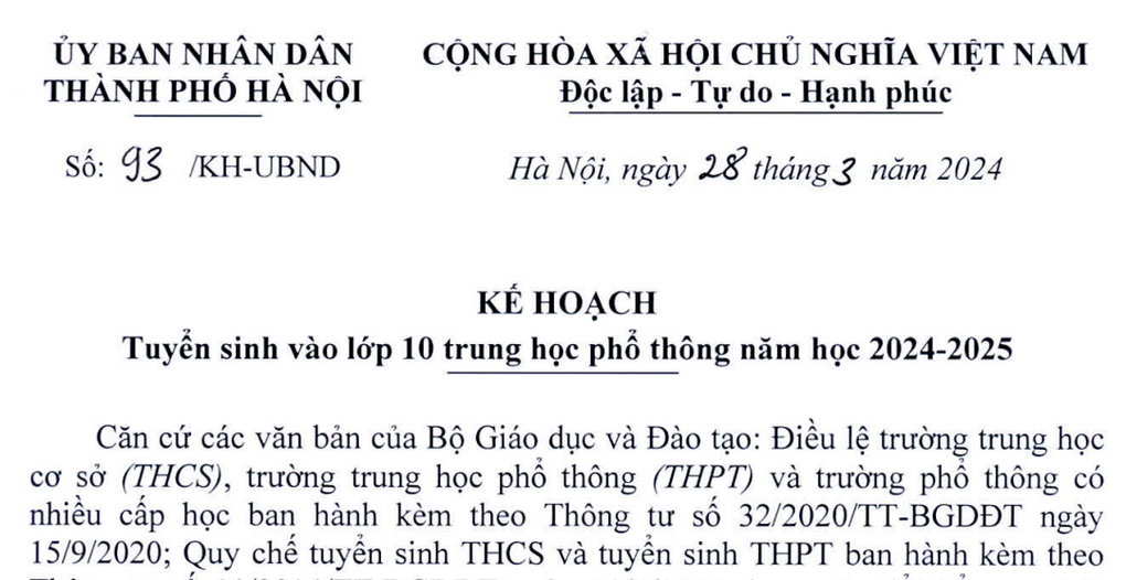 Kế hoạch số 93/KH-UBND của UBND Thành phố Hà Nội về việc Tuyển sinh vào lớp 10 trung học phổ thông năm học 2024-2025